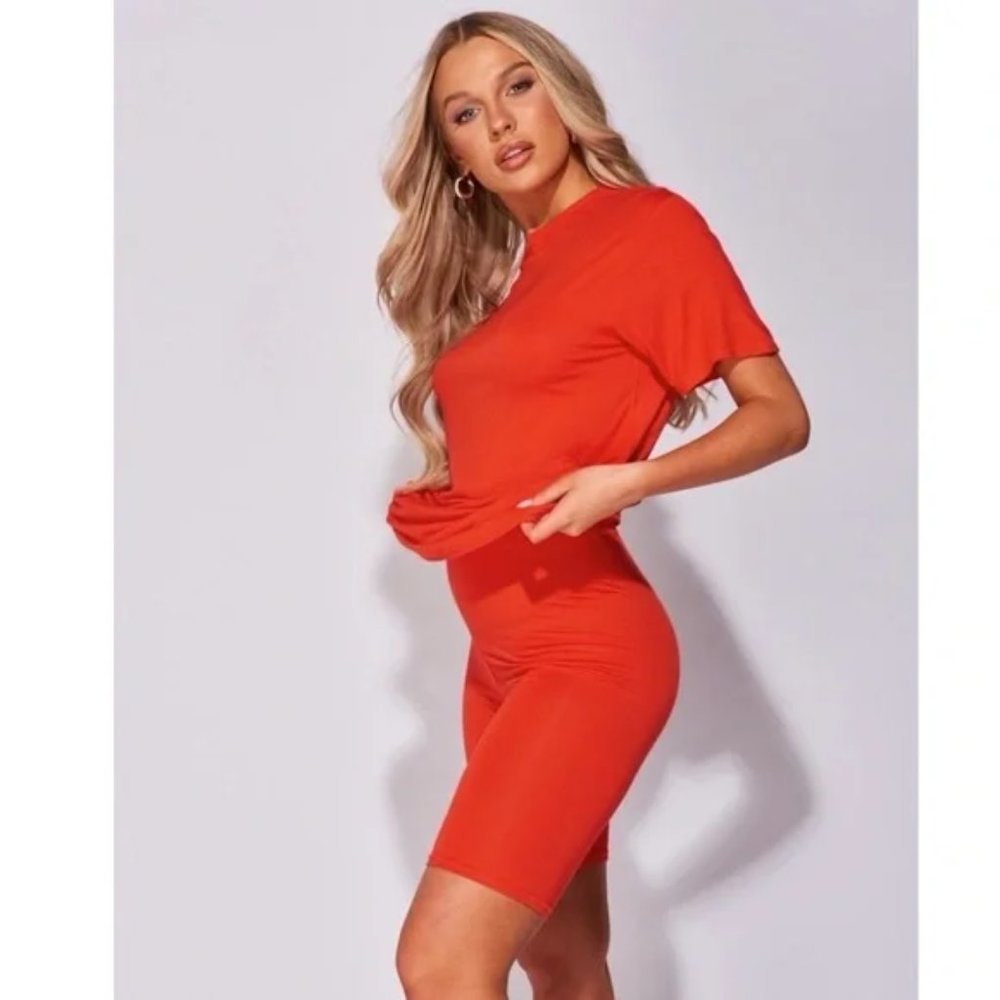 Orange Short Sleeve Top T-Shirt and Biker Shorts Two Piece Set - Picture 2 of 10